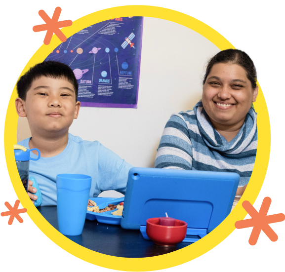 Mother and son eating